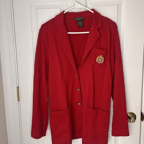 VTG Ralph Lauren LRL Knit Blazer Red Gold Button Crest Women's Small Cotton - Picture 2 of 10